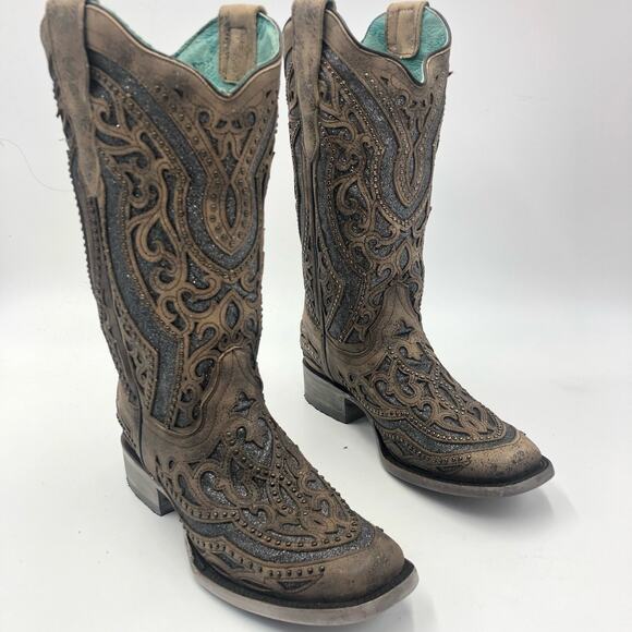 Corral Inlay Flower Embroidery Studded Leather Square Toe Western Boots Size 7 - Picture 3 of 14
